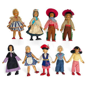 Lot of 9 Polish Wooden Peg Dolls 7" Vintage 1950's - Hand-Painted Moveable Limbs